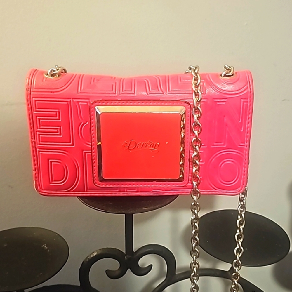 Dereon Wallet/Crossbody Bag, Canary Hot Pink, Silvertone Chain Strap, Flip & Sna